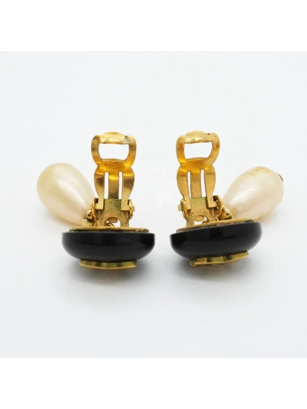 Chanel Earrings Vintage CC Logo Gold Plated Faux Pearl Blackcles